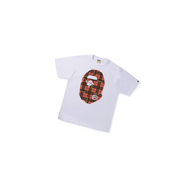 Men's A BATHING APE Bape Logo Check Big Ape Head Tee Short Sleeve T Shirts White | NLZ085391