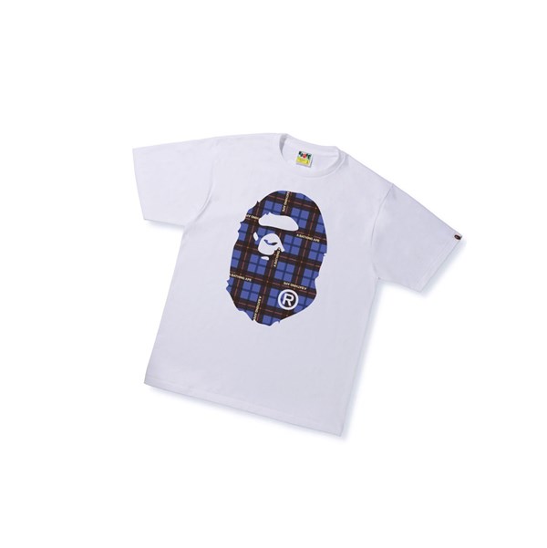 Men's A BATHING APE Bape Logo Check Big Ape Head Tee Short Sleeve T Shirts White | WDN037865