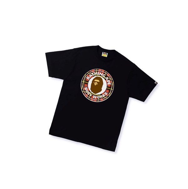 Men's A BATHING APE Bape Logo Check Busy Works Tee Short Sleeve T Shirts Black | QFJ965832