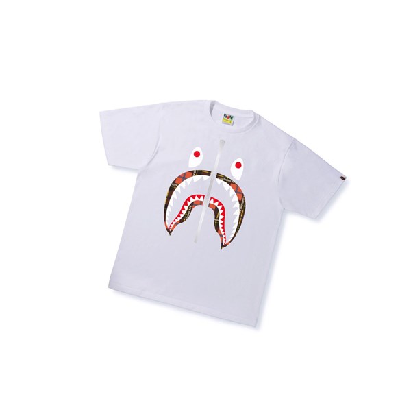 Men's A BATHING APE Bape Logo Check Shark Tee Short Sleeve T Shirts White | IGY134267