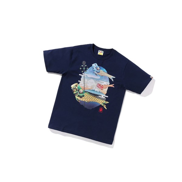 Men's A BATHING APE Koinobori Carp Flags Ape Head Tee Short Sleeve T Shirts Navy Blue | AQV970645