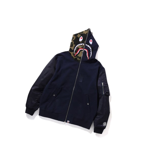 Men's A BATHING APE Military Shark Relaxed Fit Full Zip Throughs Hoodie Navy Blue | OEH259671