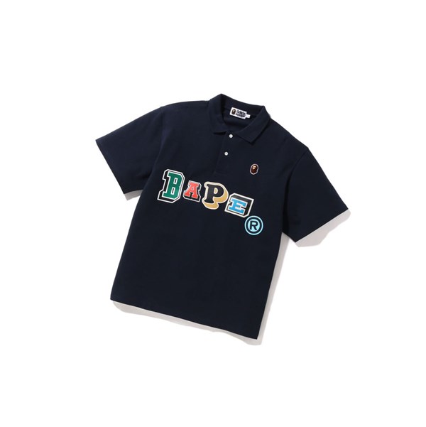 Men's A BATHING APE Multi Fonts Relaxed Fit Short Sleeve Polo Navy Blue | JXV234175