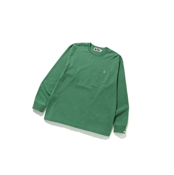 Men's A BATHING APE Overdye One Point Pocket Relaxed Fit L/S Tee Long Sleeve T Shirts Light Green | XDA019426