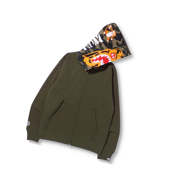 Men's A BATHING APE Tiger Full Zip Throughs Hoodie Army Green | MOZ874156