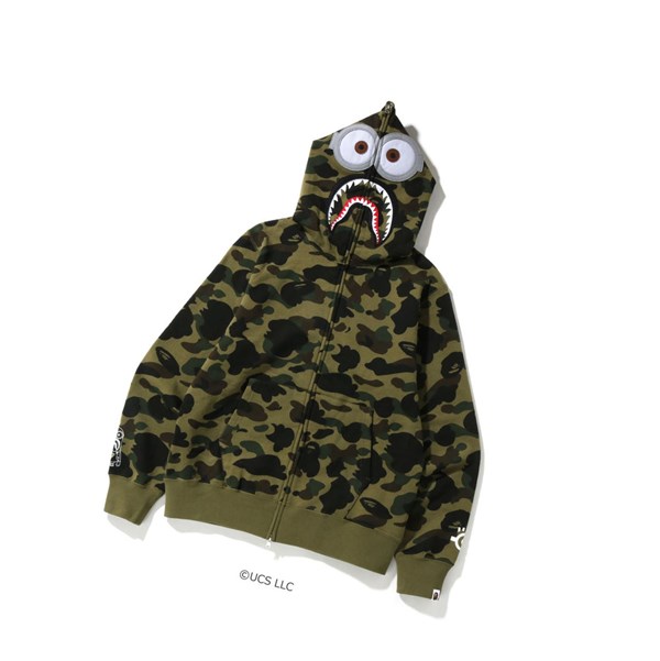 Men's A BATHING APE X Minions 1st Camo Minions Shark Full Zip Throughs Hoodie Army Green | IYS127564