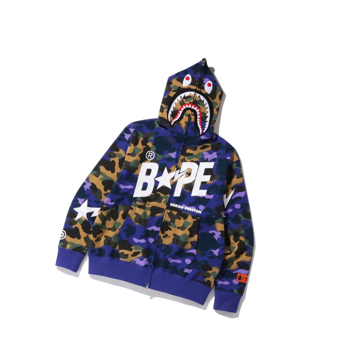 Men\'s A BATHING APE X Heron Preston Mix 1st Camo Shark Relaxed Full Zip Throughs Hoodie Purple | CHQ108597