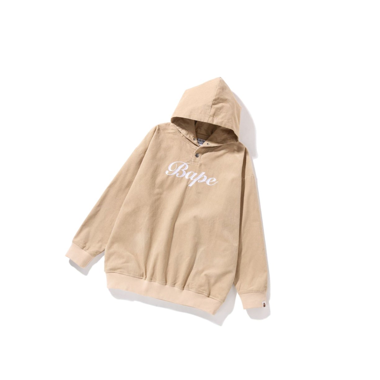 Women\'s A BATHING APE Bape Embroidery Corduroy Oversized Pullover Hoodie Beige | BQG465179